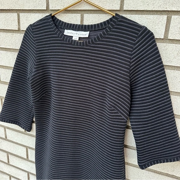 Lesley Evers Dress Miranda 100% Austrian Wool Black Gray Ribbed Knit 3/4 Sleeve - Picture 2 of 7
